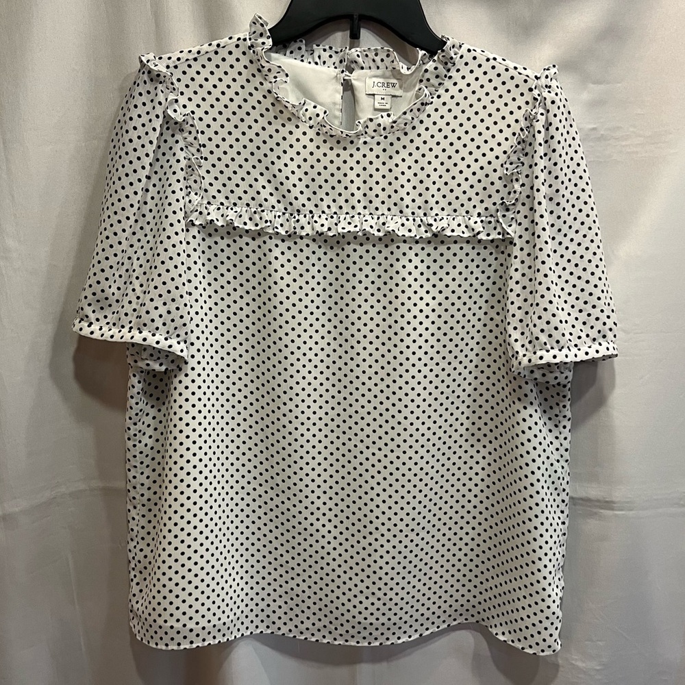 J. Crew Short Sleeve White Black Polka Dot Blouse Ruffles Size Medium